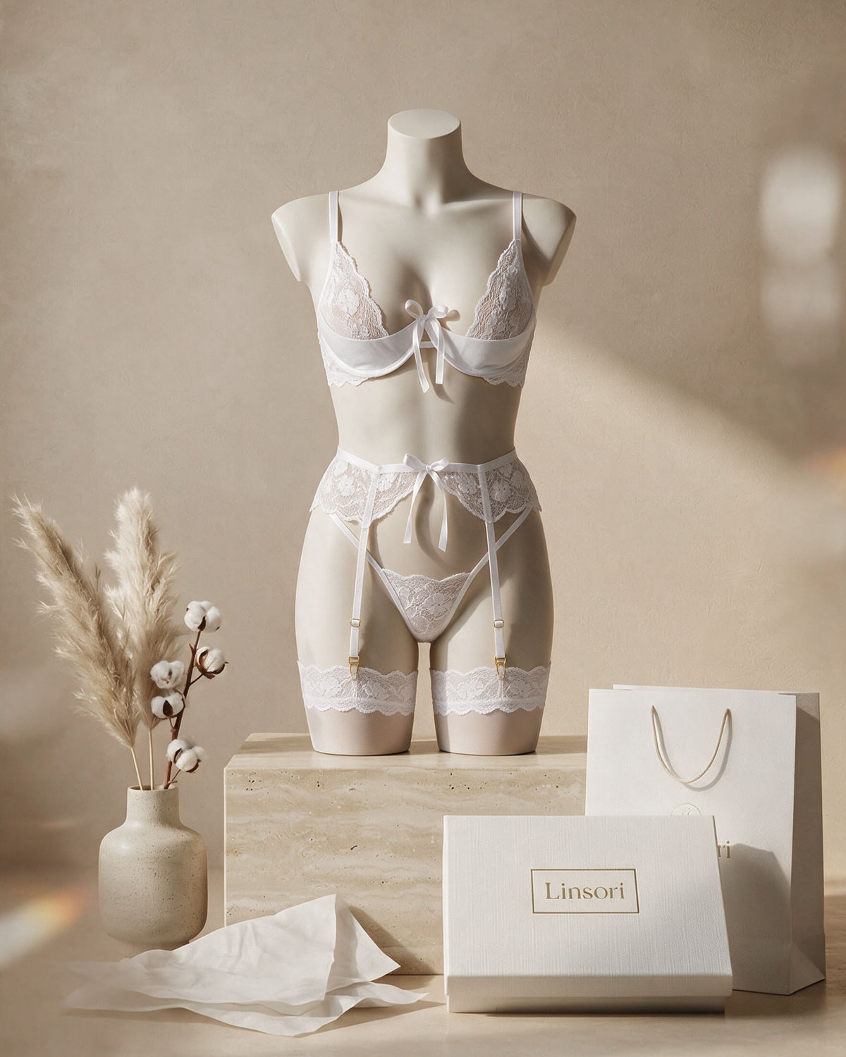 Linsori Pearl Rose Lace Three-Piece Set - Mannequin View