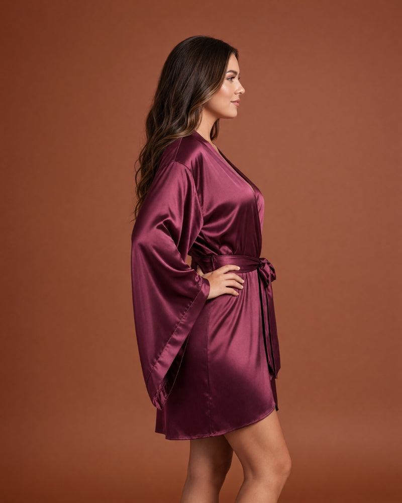 Linsori Bordeaux Satin Peignoir Set -  Right view