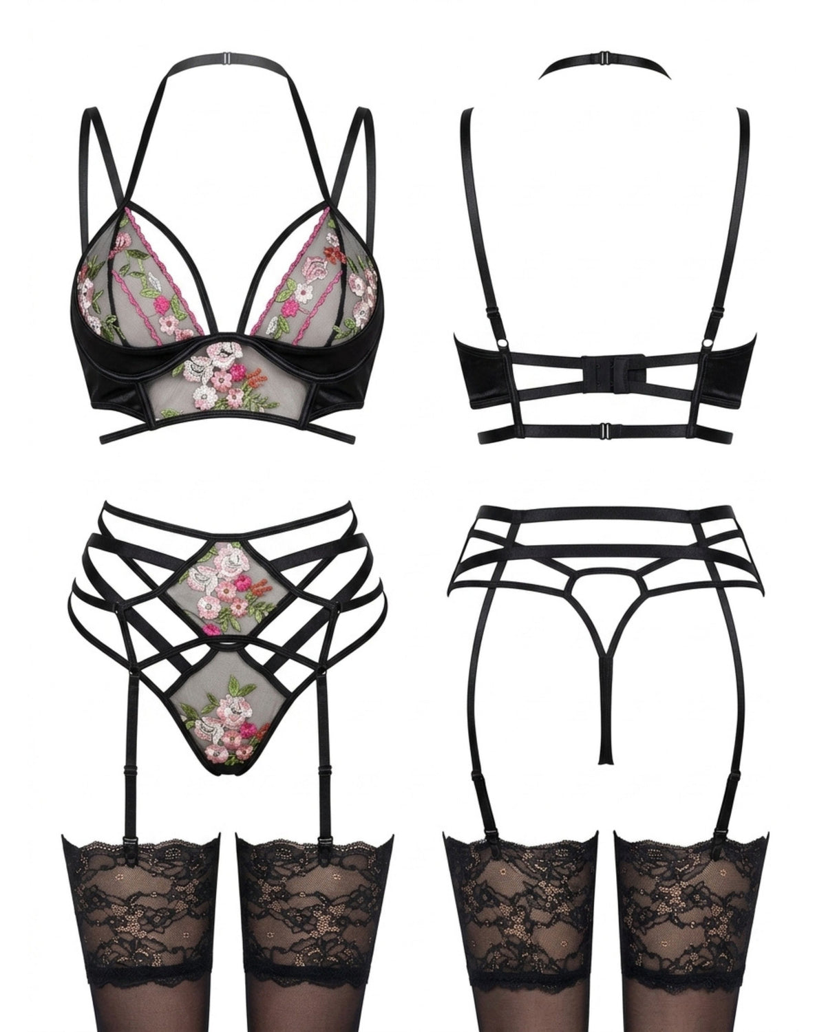 Linsori Obsidian Floral Embroidered Bra Set - White background view