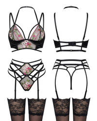 Linsori Obsidian Floral Embroidered Bra Set - White background view