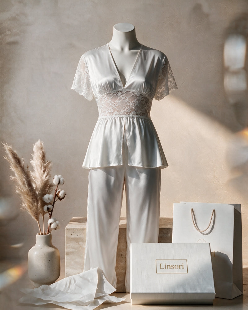 Linsori Pearl Satin Lace Pyjama Set - Mannequin View