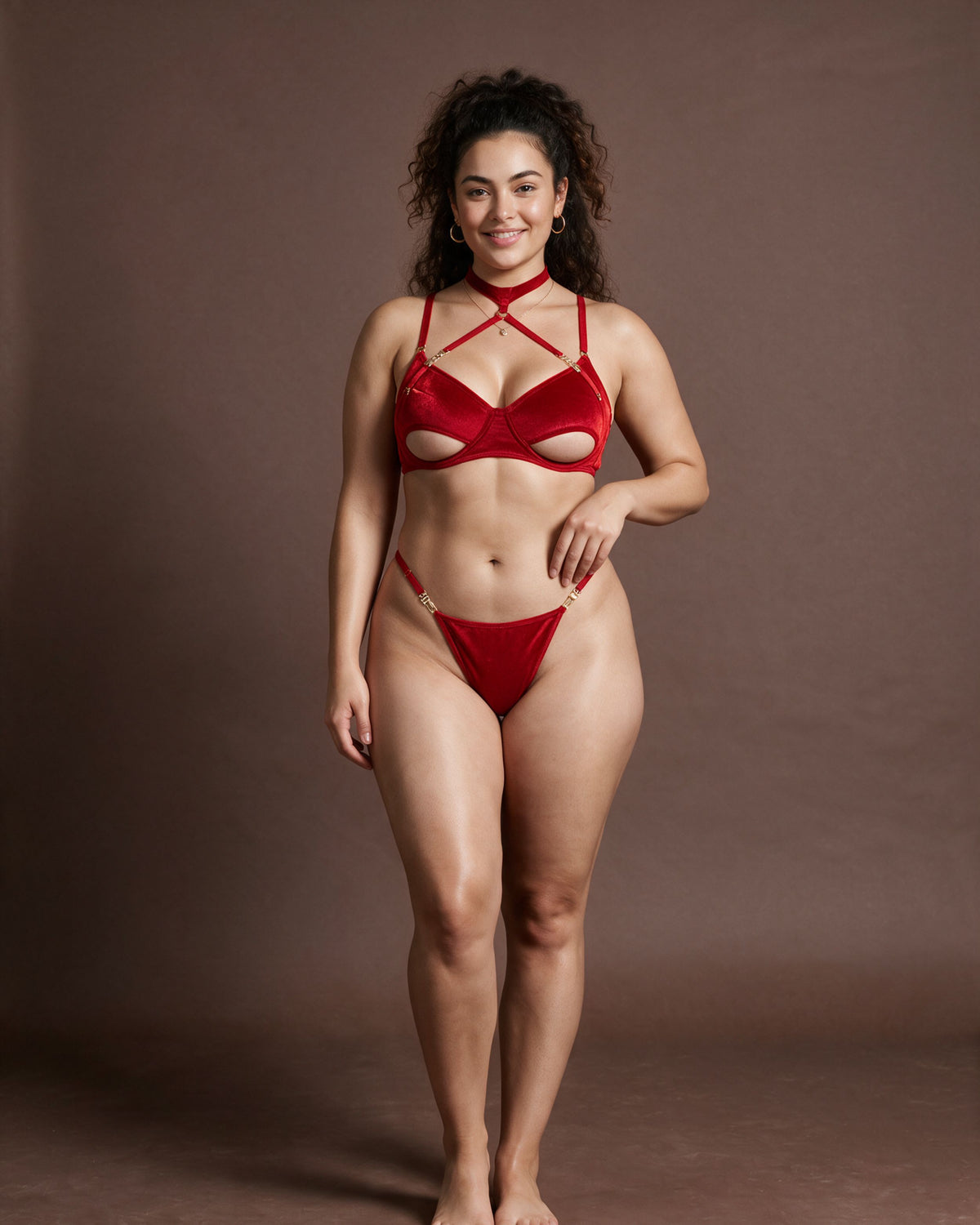 Linsori Scarlet Velvet Halter Bra Set - Front view 