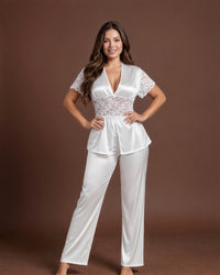 Linsori Pearl Satin Lace Pyjama Set -  Styled view