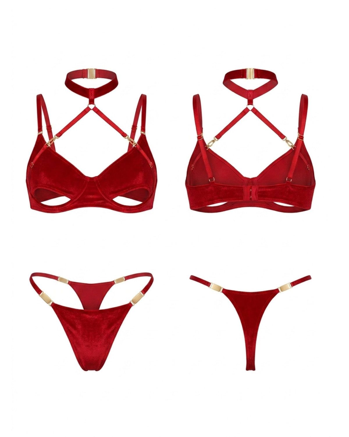 Linsori Scarlet Velvet Halter Bra Set - White background view
