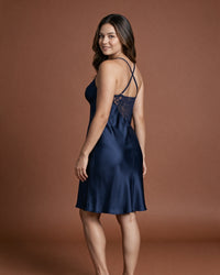 Linsori Navy Satin Lace Nightdress -  back view