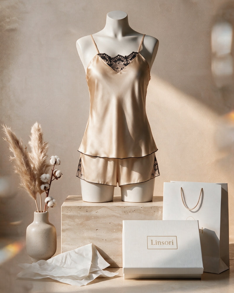 Linsori Champagne Satin Embroidered Cami & Shorts Set - Mannequin View
