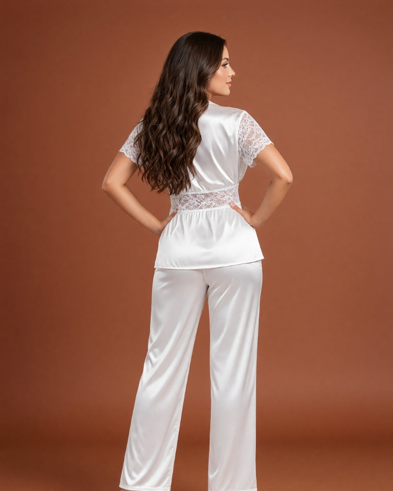 Linsori Pearl Satin Lace Pyjama Set -  back view