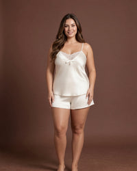 Linsori Ivory Satin Lace Cami & Shorts Set -  Styled view
