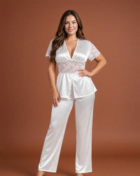 Linsori Pearl Satin Lace Pyjama Set - Front view 