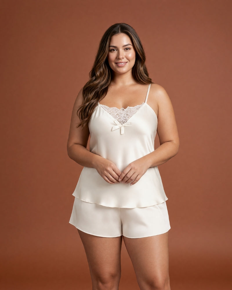 Linsori Ivory Satin Lace Cami & Shorts Set - Front view 
