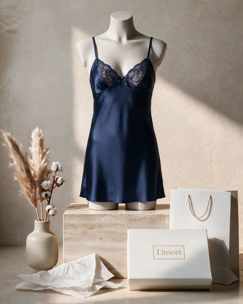 Linsori Navy Satin Lace Nightdress - Mannequin View