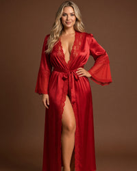 Linsori Crimson Charmeuse Long Robe -  Styled view