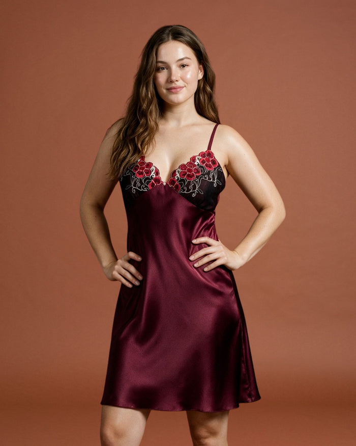 Linsori Plum Satin Elodie Nightdress - Front view 
