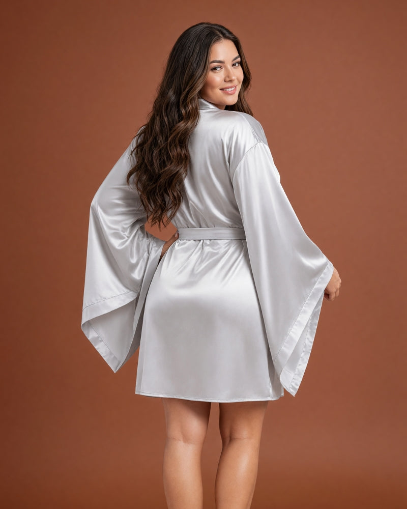 Linsori Silver Satin Flowing Peignoir Set -  back view