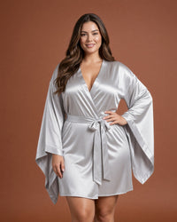 Linsori Silver Satin Flowing Peignoir Set - Front view 