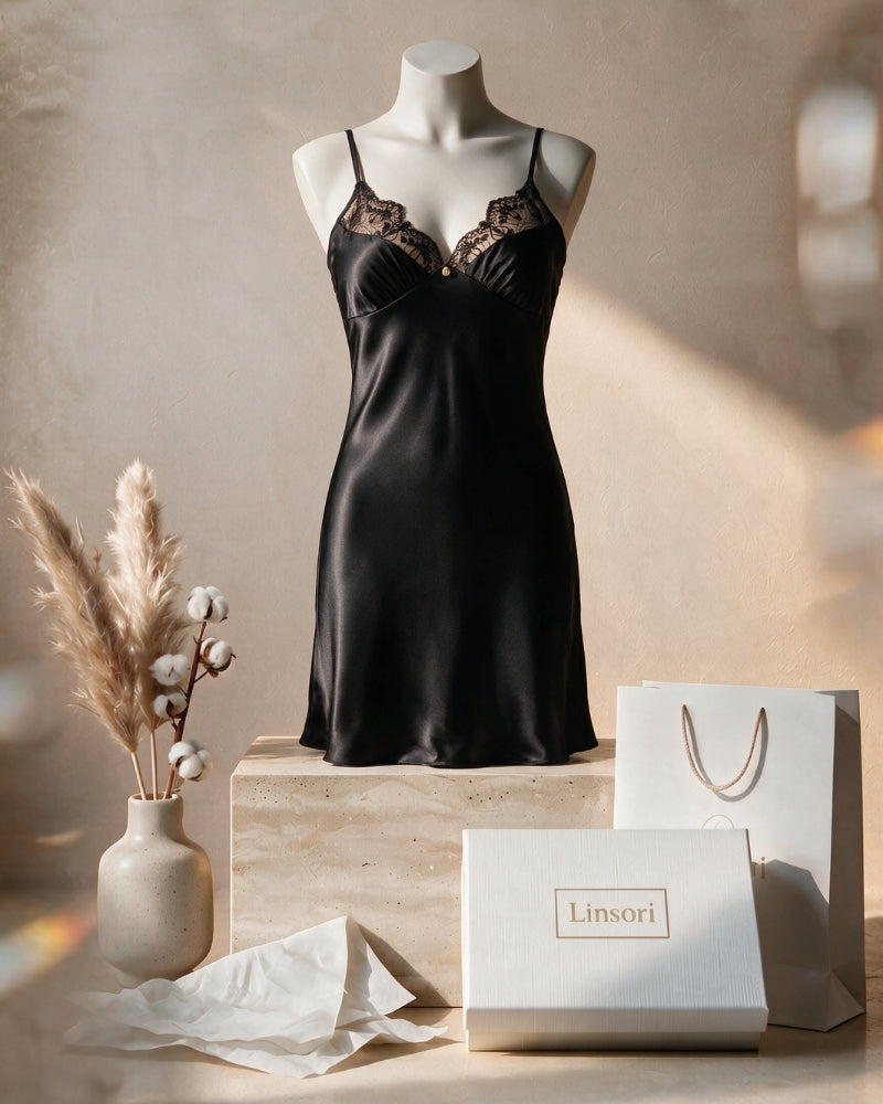 Linsori Noir Tattoo Satin Nightdress - Mannequin View
