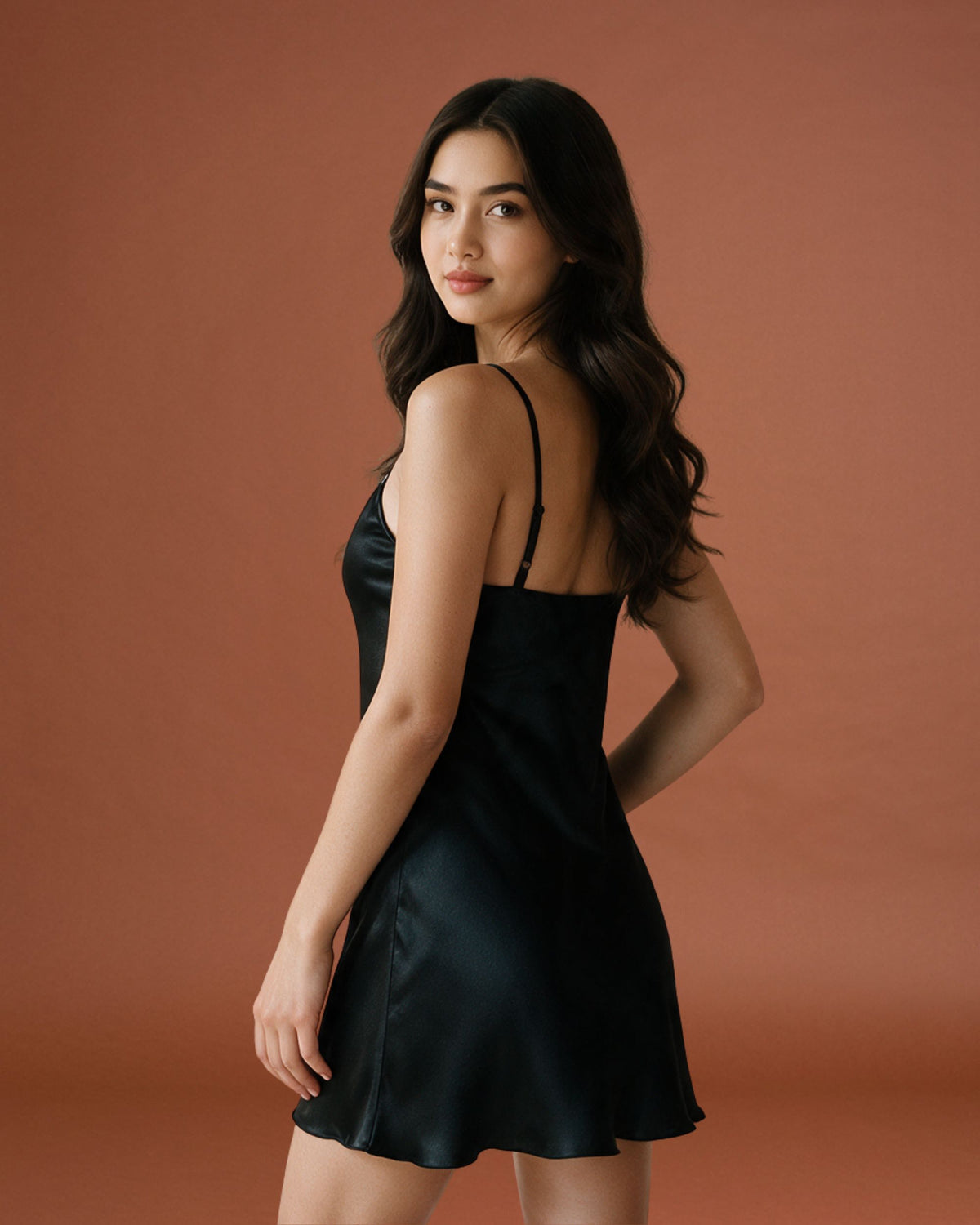 Linsori Noir Satin Tattoo Embroidered Nightdress — Classic -  back view