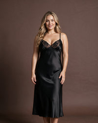 Linsori Noir Satin Nightdress - Front view 