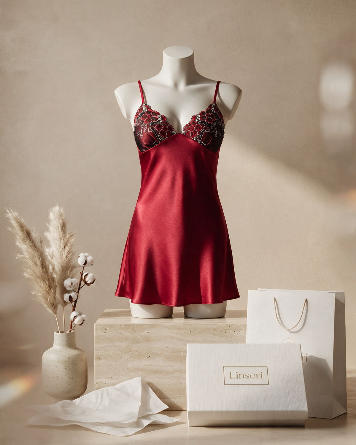 Linsori Burgundy Satin Elodie Nightdress - Mannequin View