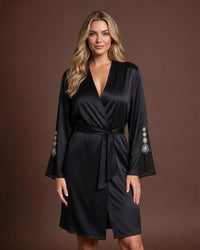 Linsori Obsidian Satin Embroidered Robe -  Styled view