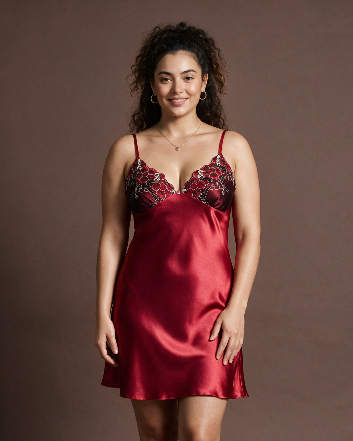 Linsori Burgundy Satin Elodie Nightdress - Front view 