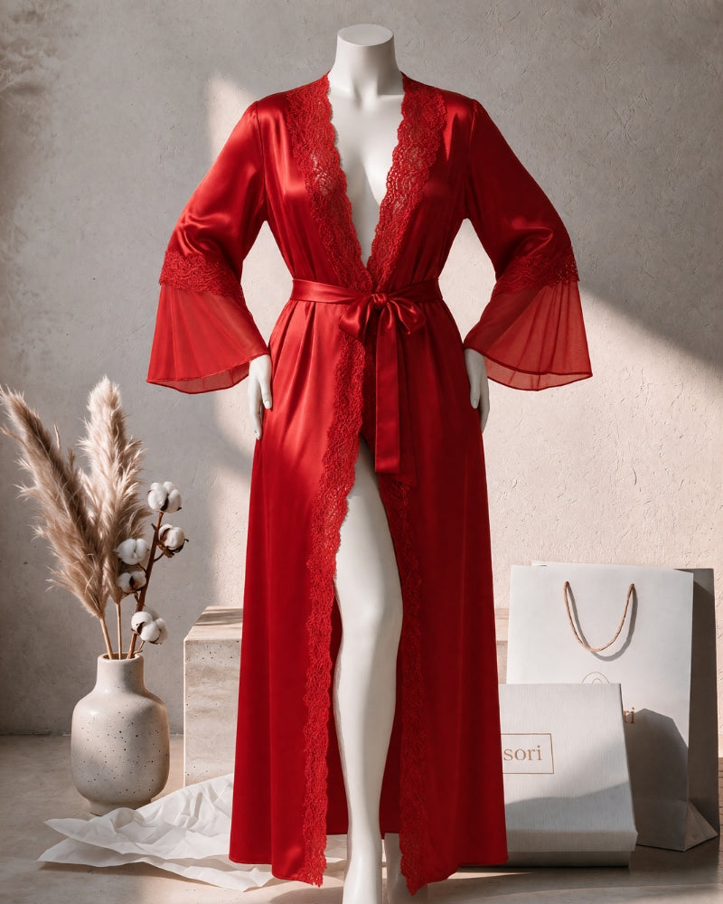 Linsori Crimson Charmeuse Long Robe - Mannequin View