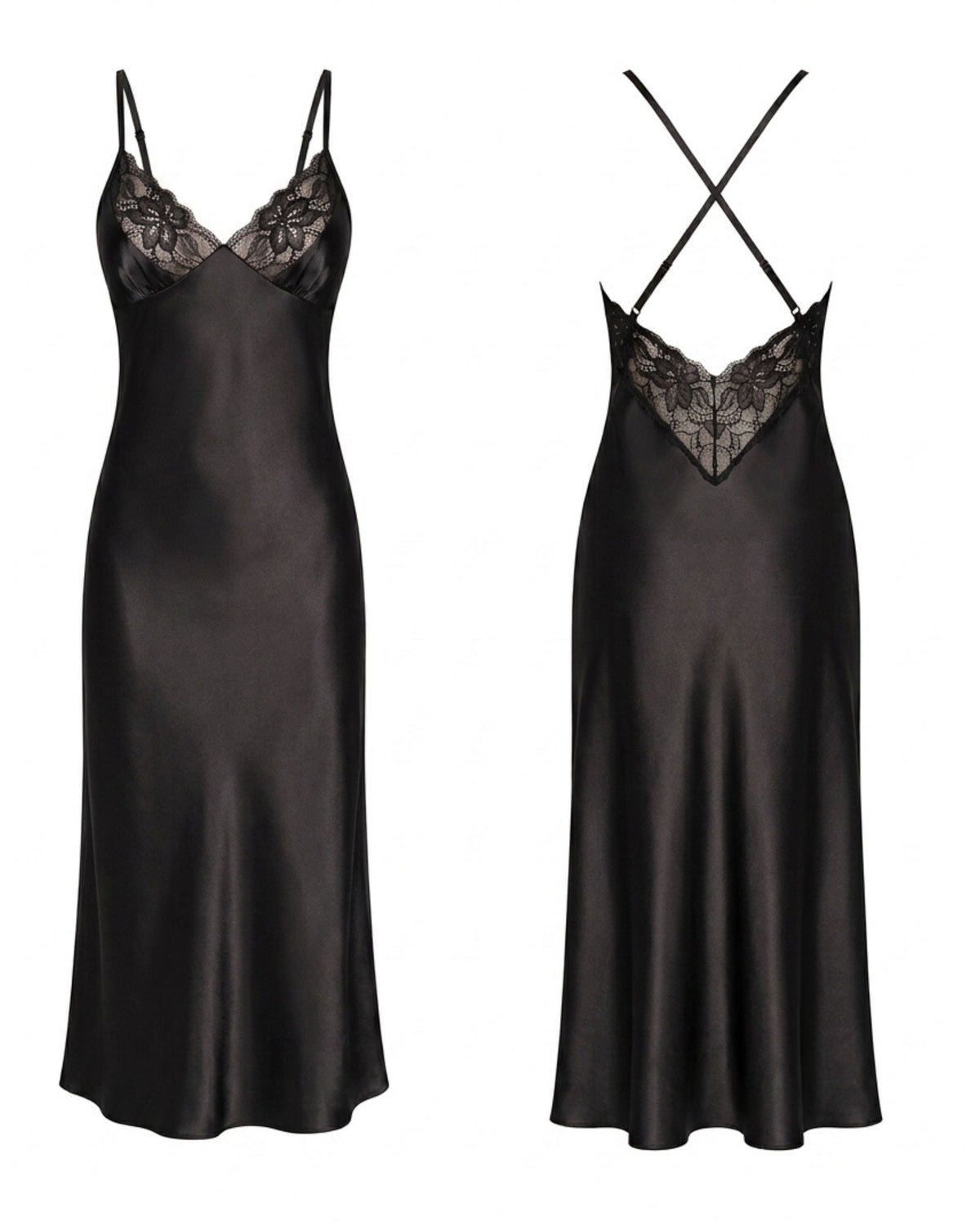 Linsori Noir Satin Nightdress - White background view