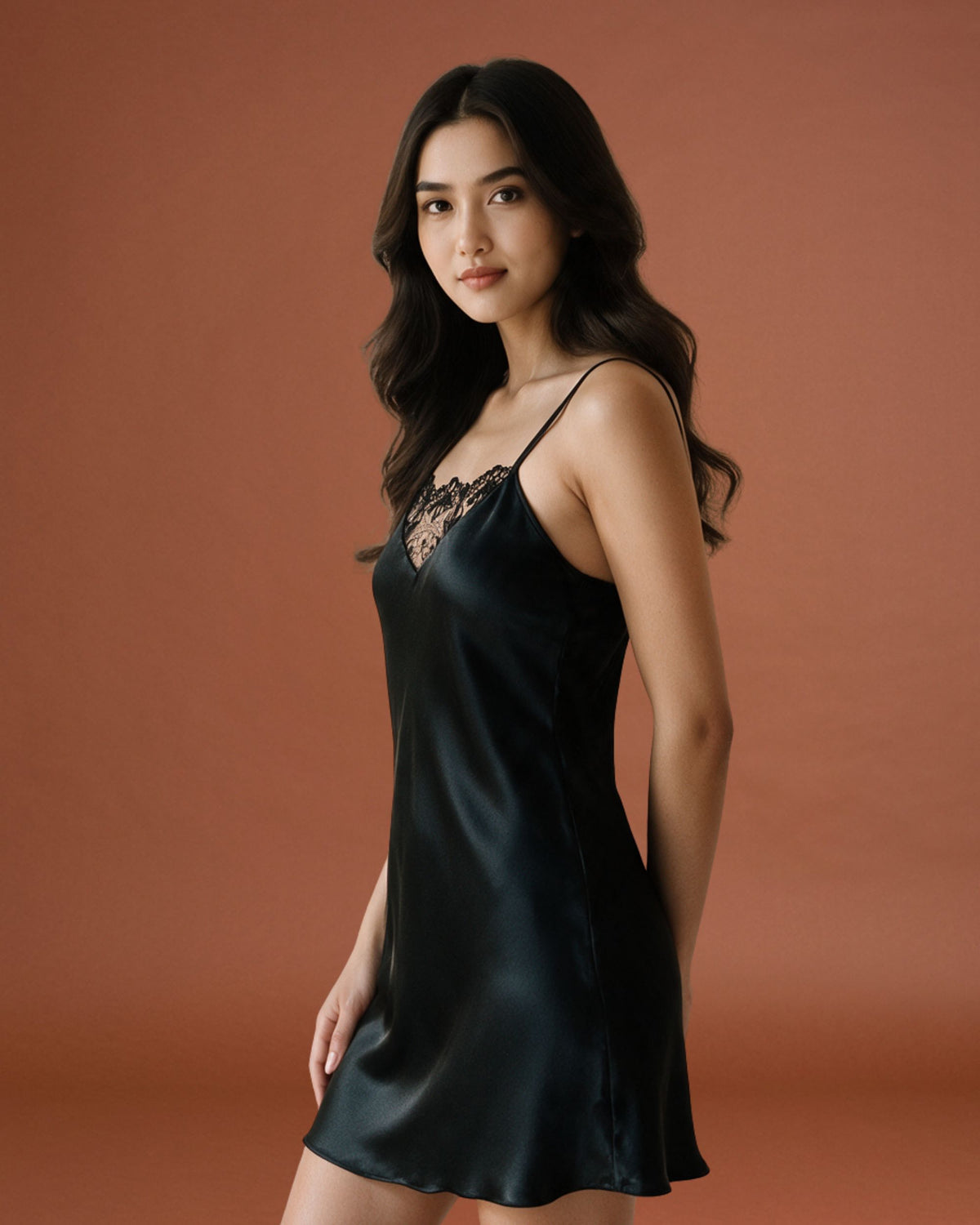 Linsori Noir Satin Tattoo Embroidered Nightdress — Classic -  Left view