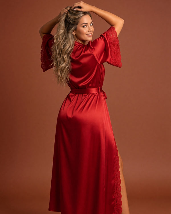 Linsori Crimson Charmeuse Long Robe - back view
