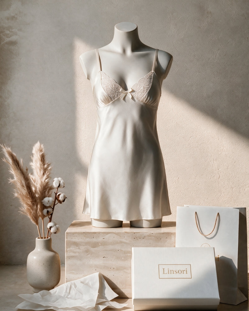 Linsori Pearl Satin Lace Nightdress - Mannequin View
