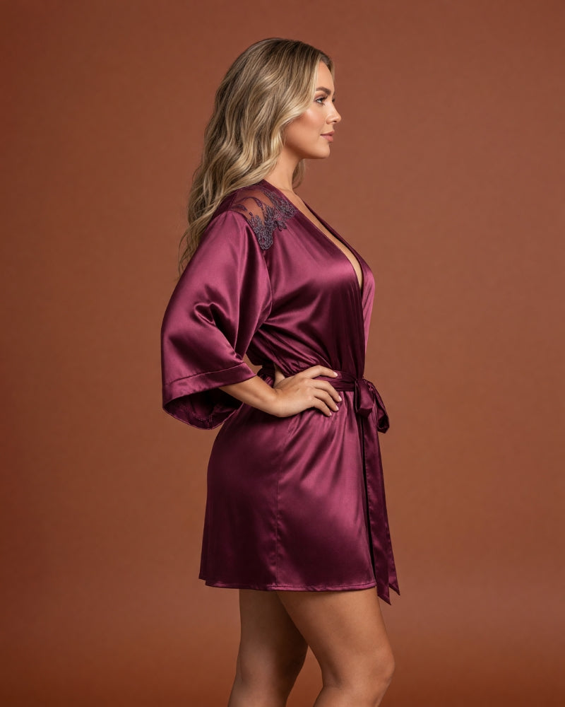Linsori Bordeaux Silk Peignoir Robe Set -  Right view