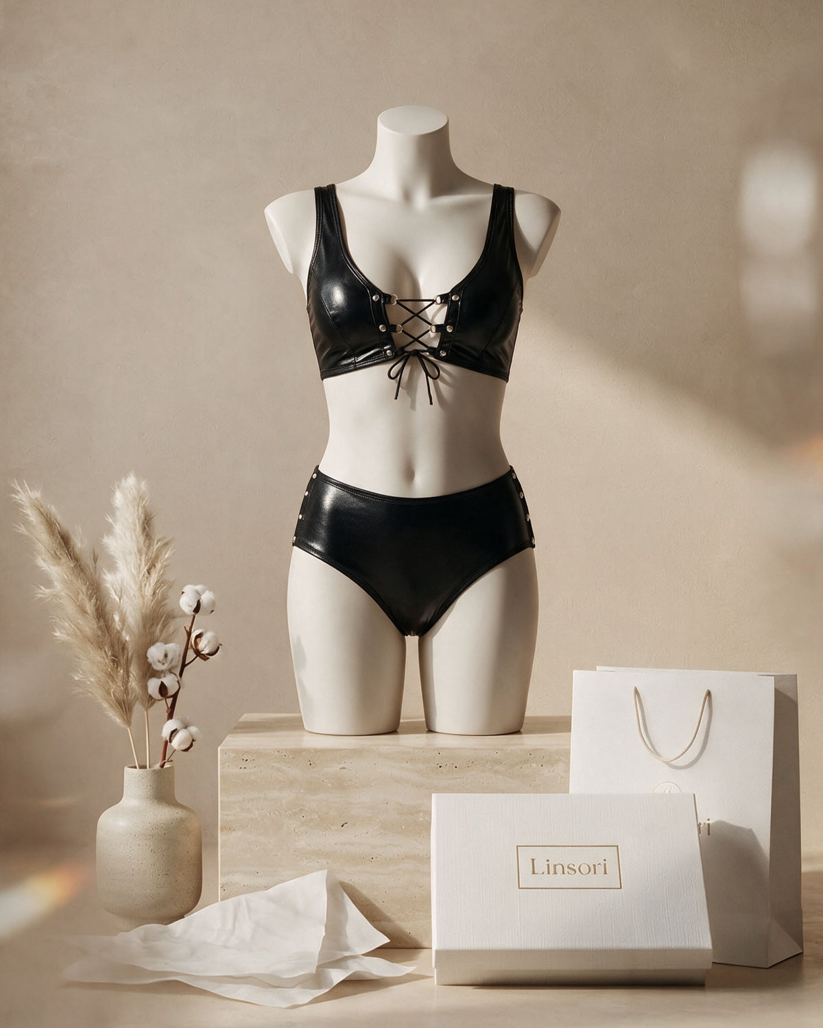 Linsori Noir Faux Leather Two-Piece Set - Mannequin View