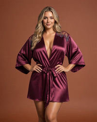 Linsori Bordeaux Silk Peignoir Robe Set - Front view 
