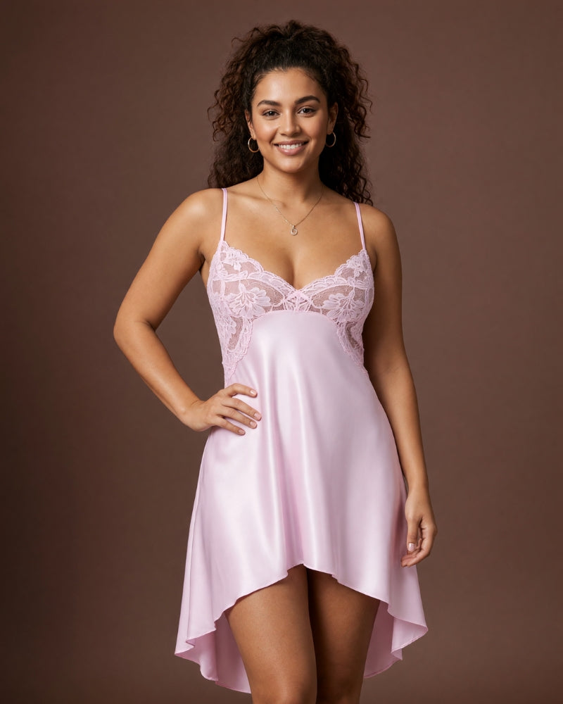 Linsori Blush Charmeuse Lace Chemise -  Lifestyle view