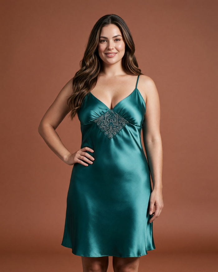 Linsori Emerald Satin Open Back Nightdress - Front view 