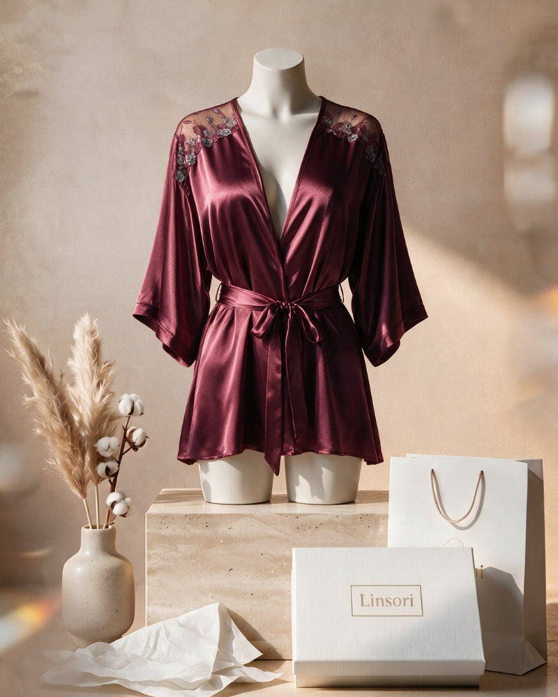 Linsori Bordeaux Silk Peignoir Robe Set - Mannequin View