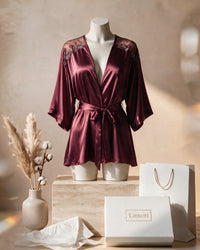 Linsori Bordeaux Silk Peignoir Robe Set - Mannequin View