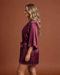 Linsori Bordeaux Silk Peignoir Robe Set -  Left view