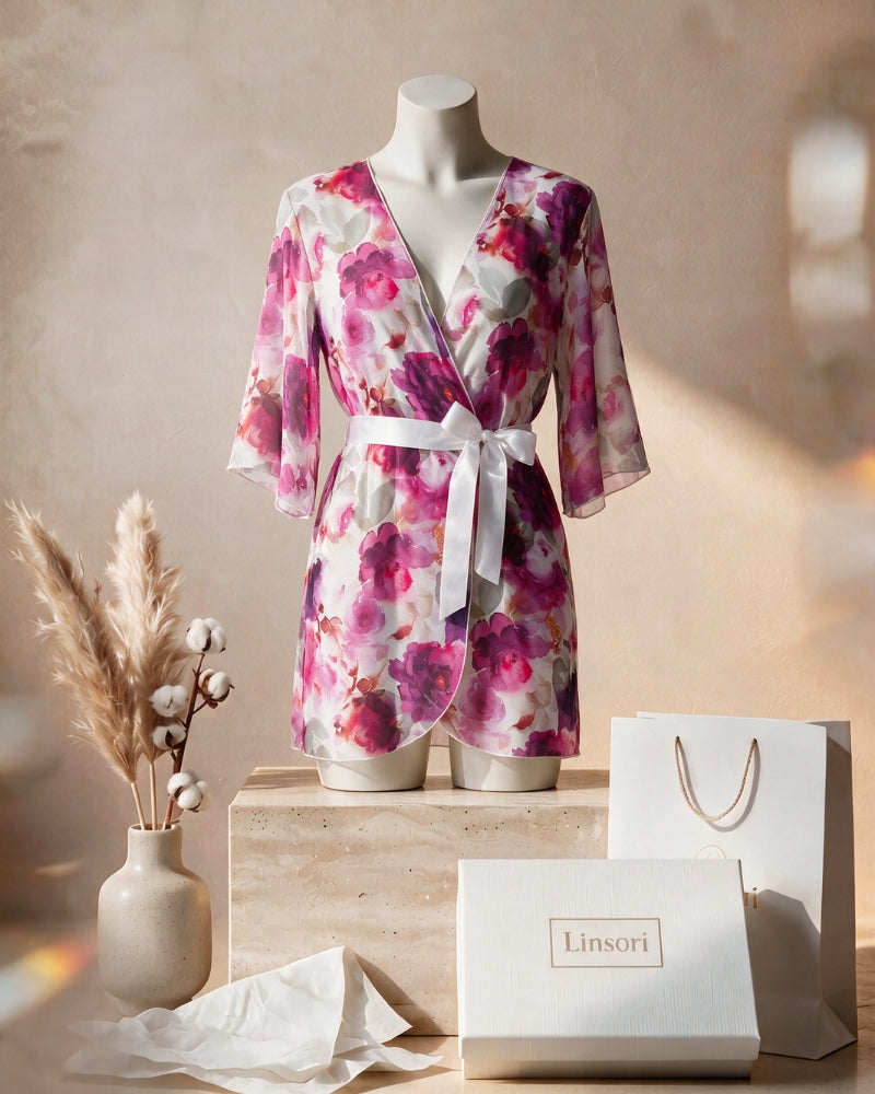 Linsori Blush Floral Satin Dressing Gown - Mannequin View