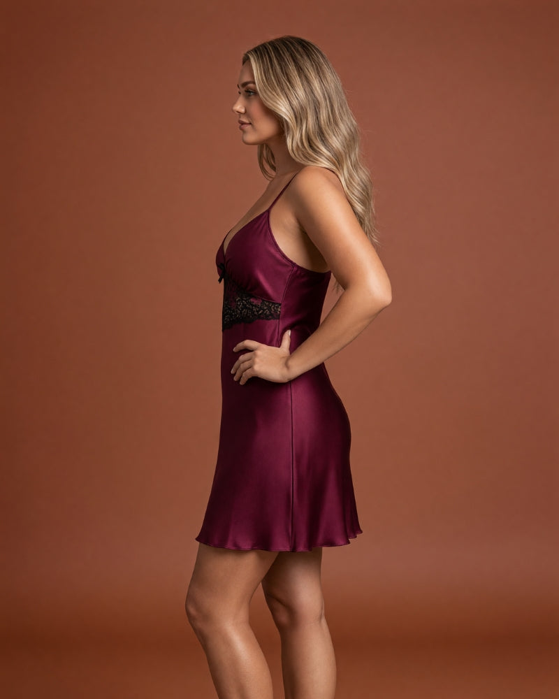 Linsori Plum Satin Nightdress -  Left view