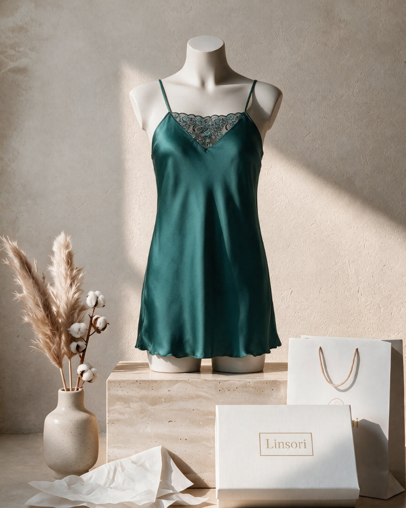 Linsori Dark Green Satin Floral Nightdress - Mannequin View