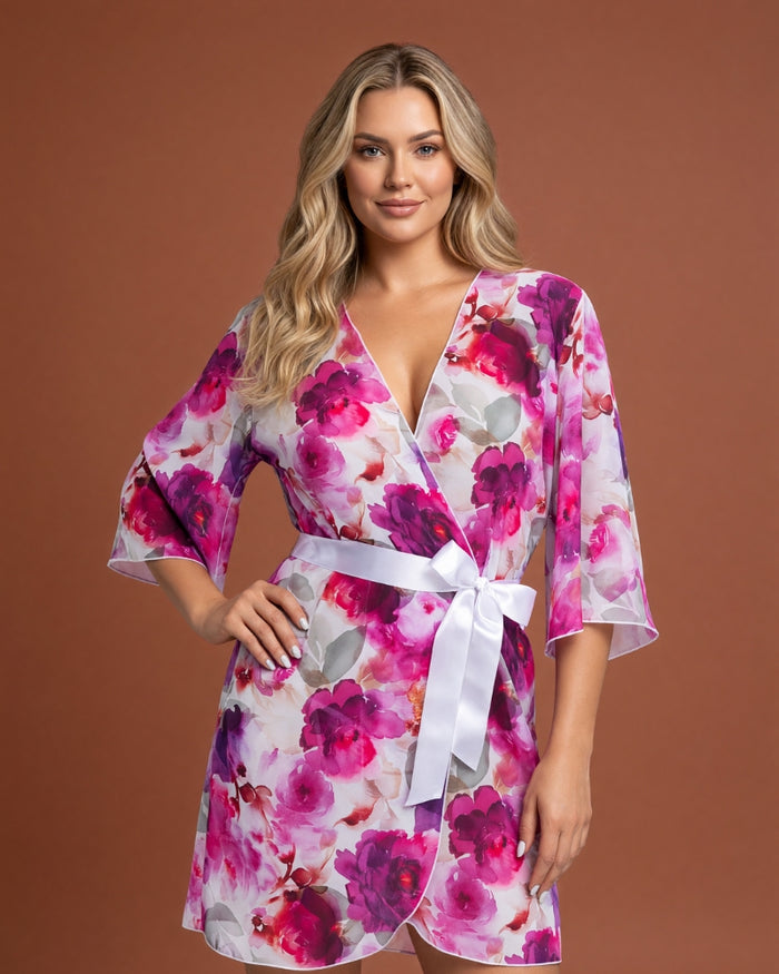 Linsori Blush Floral Satin Dressing Gown - front view