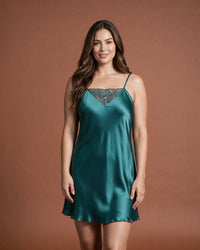 Linsori Dark Green Satin Floral Nightdress - Front view 