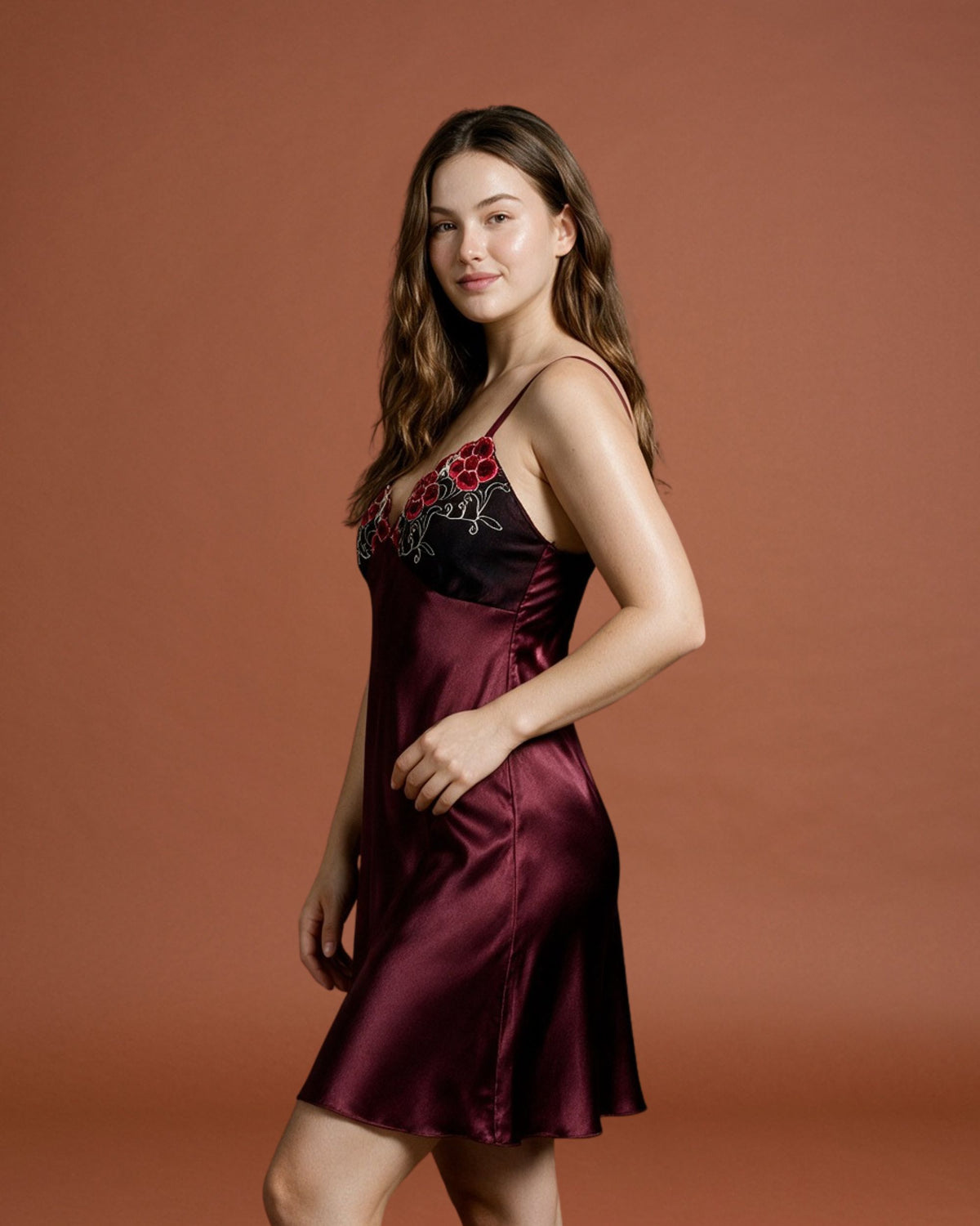 Linsori Plum Satin Elodie Nightdress -  Left view