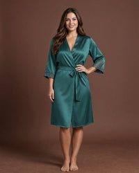 Linsori Emerald Satin Embroidered Robe - Lifestyle view