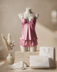 Linsori Dusty Rose Satin Embroidered Set - Mannequin View