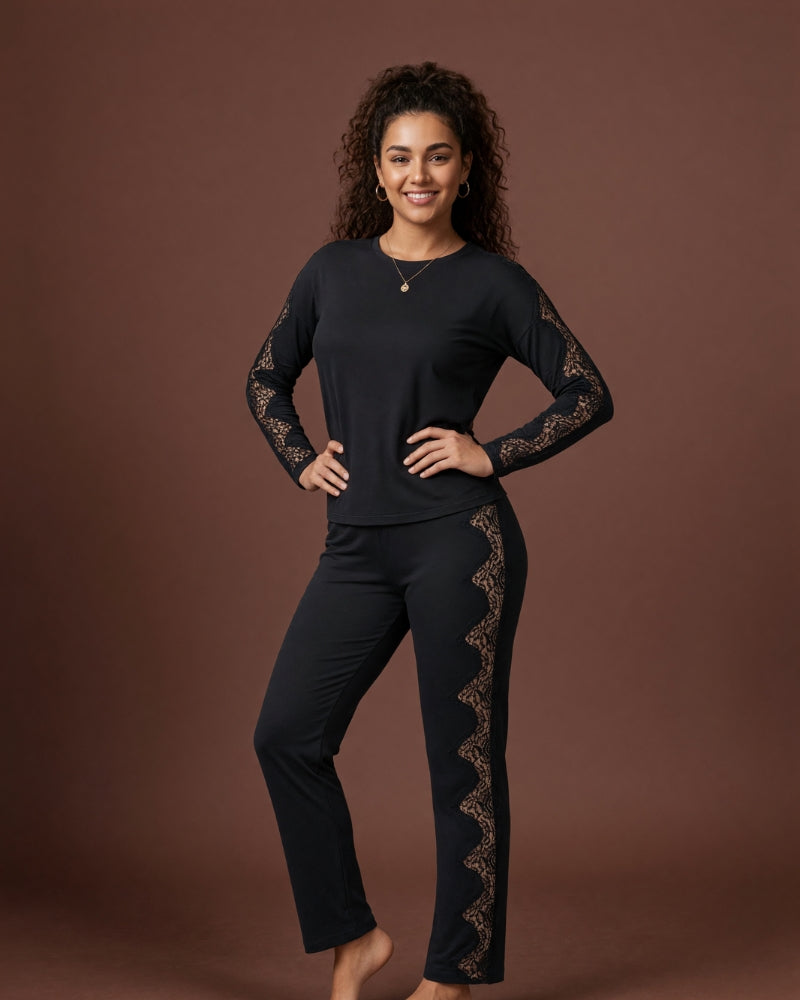 Linsori Noir Lace-Trimmed Pyjama Set -  Styled view