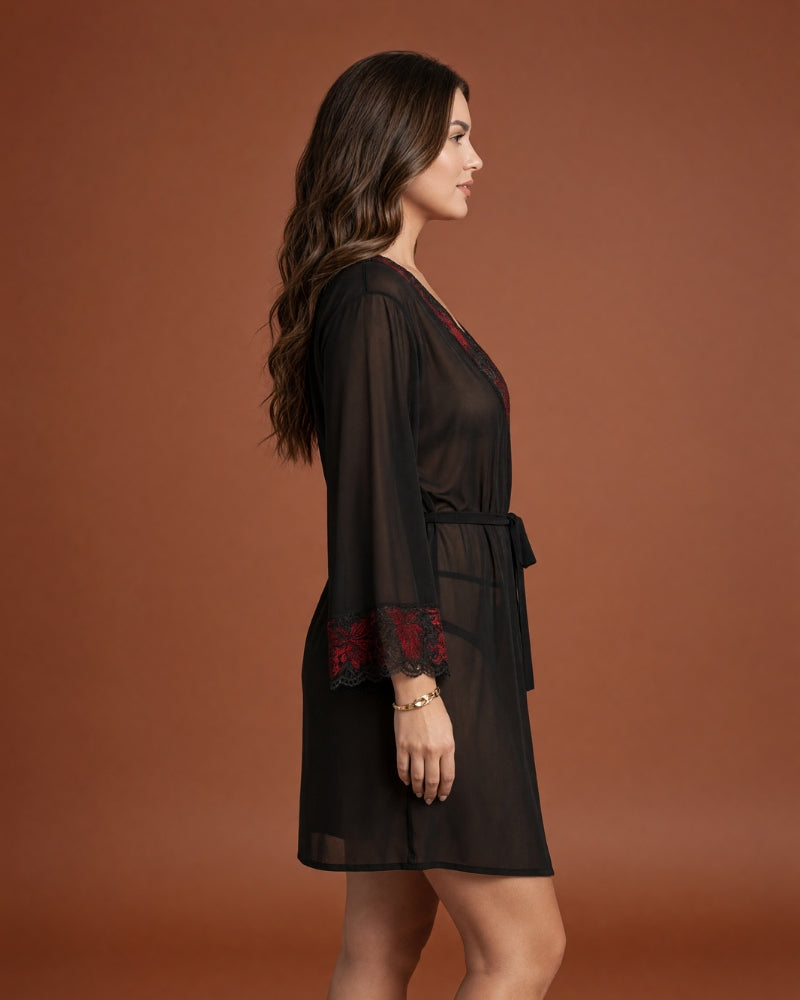 Linsori Noir Chiffon Robe with Lace -  Right view