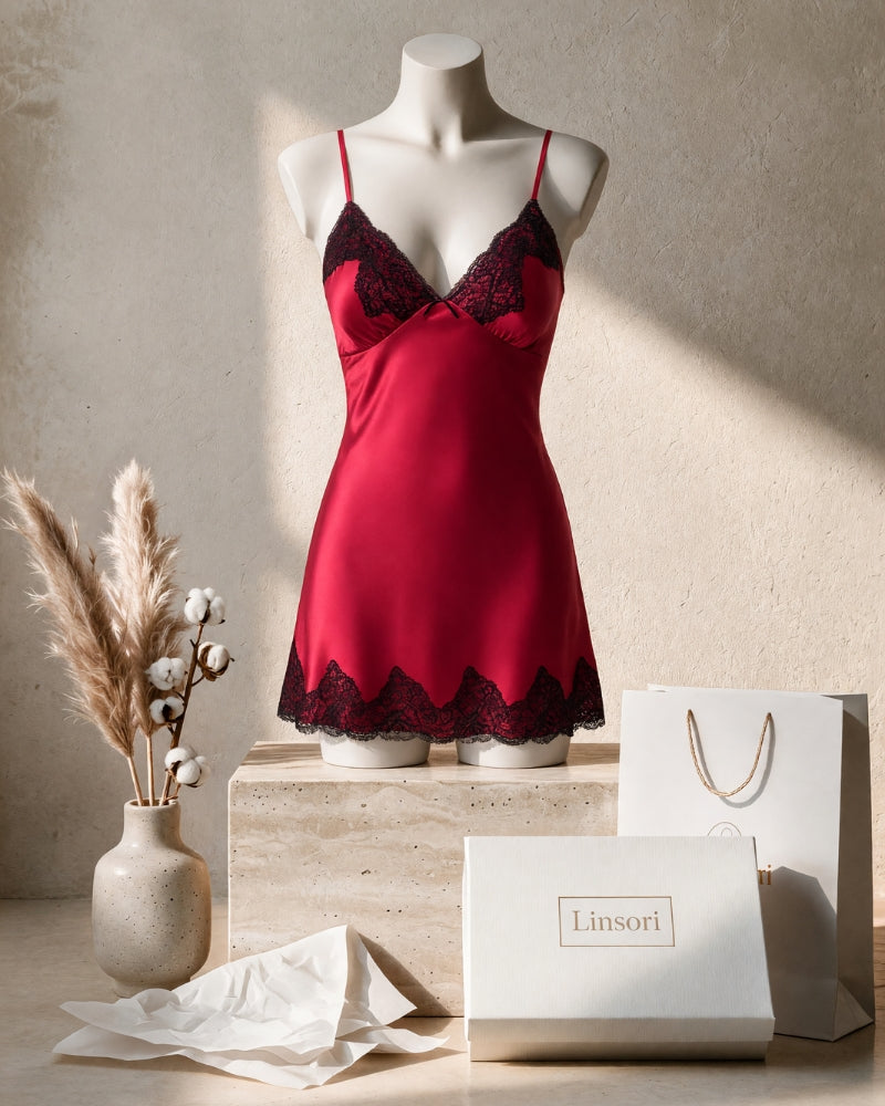Linsori Bordeaux Satin Nightdress - Mannequin View