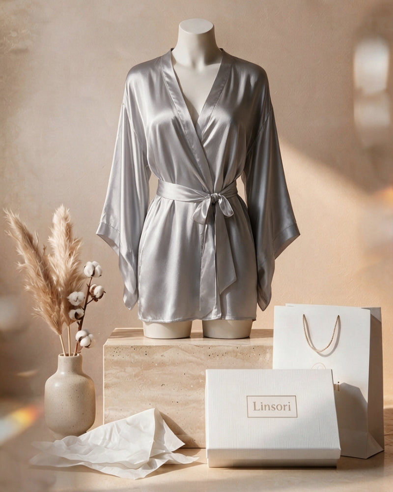 Linsori Silver Satin Flowing Peignoir Set - Mannequin View 